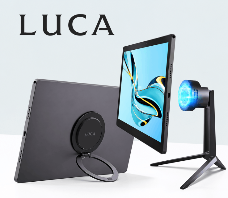Luca tablet shown with its magnetic mounting system and wireless charging stand