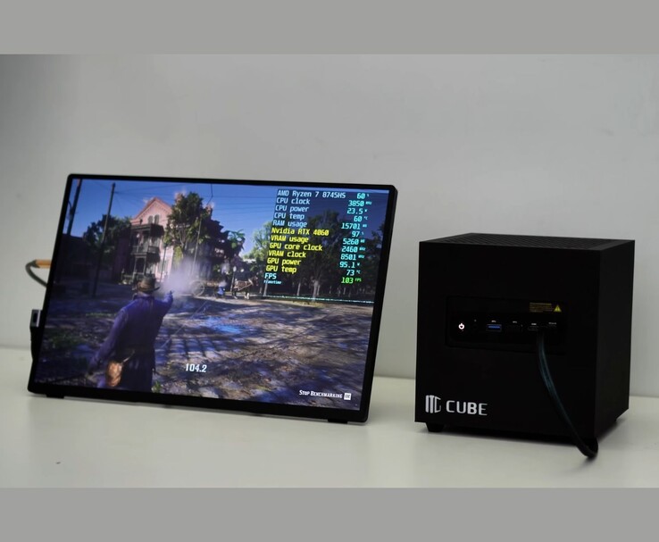 Red Dead Redemption 2 running at around 105 FPS on the ITG Cube 3D-printed mini PC with an RTX 4060 eGPU via OCuLink