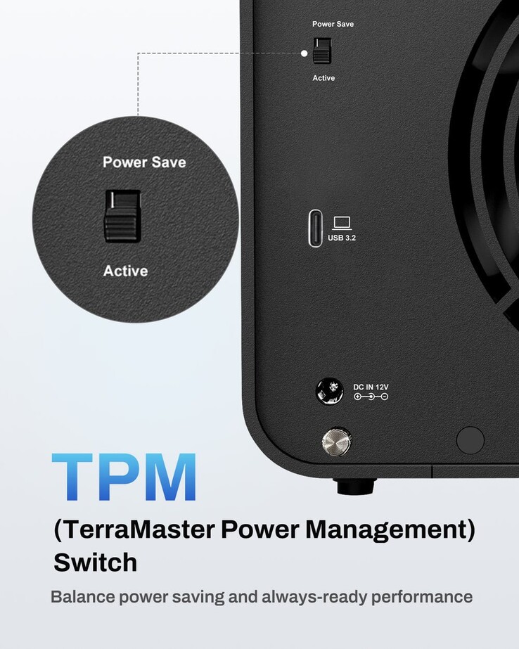The image shows the dedicated power saving feature of the TerraMaster D8 Hybrid 2 DAS