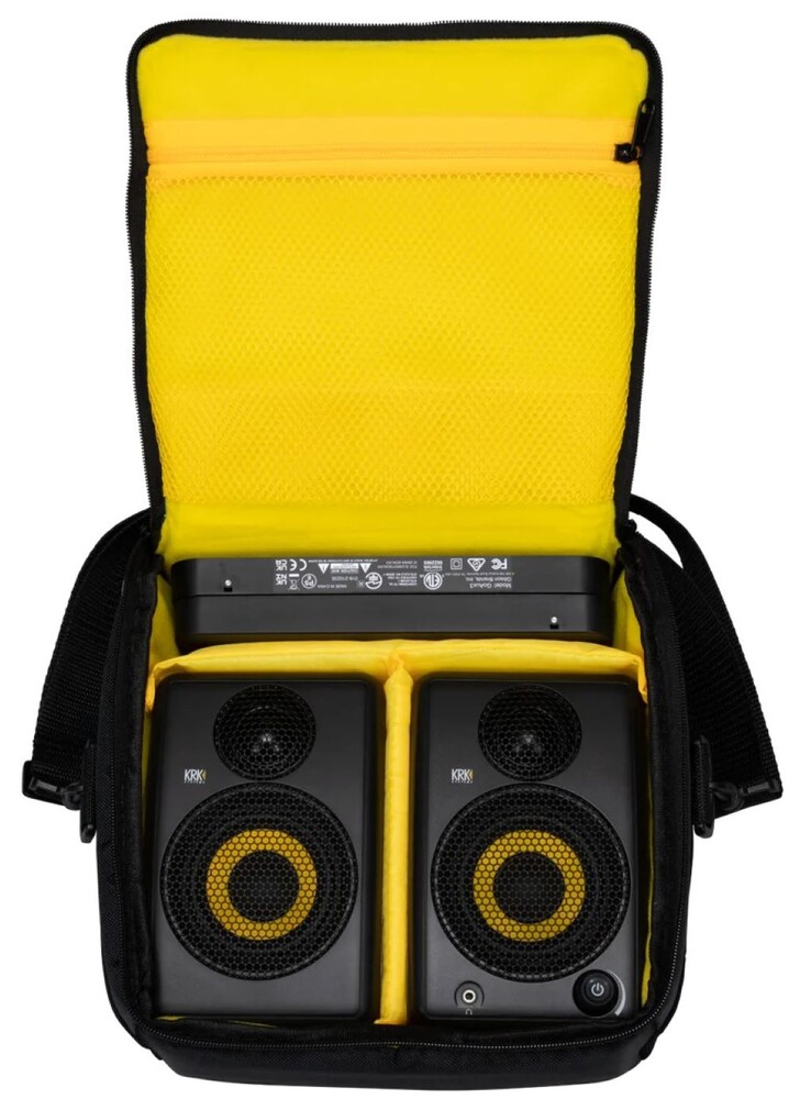 The KRK GoAUX 4 packs into the included carry case for travel to remote editing locations. (Image source: KRK)