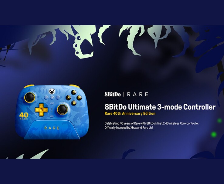 Official promo of the 8BitDo Ultimate 3-mode Controller Rare 40th Anniversary Edition, showcasing the controller's design and branding. (Image Source: Official 8BitDo promotional poster)