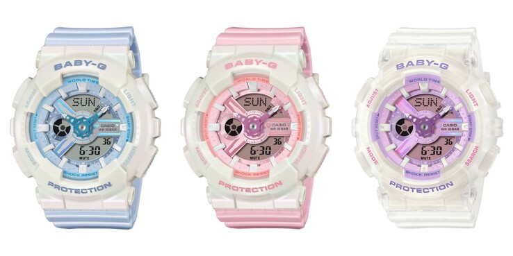 From left to right: the Casio Baby-G BA-110PD-2A, BA-110PD-4A and BA-110PS-7A watches