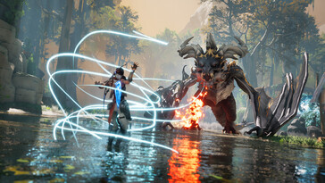 An image showing a battle against a dragon in Eternal Strands.