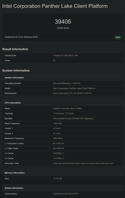 Intel Core Ultra 5 328H Geekbench listing (image source: Geekbench)
