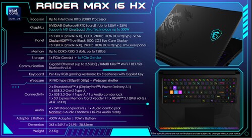 MSI Raider 16 Max HX specs are shown (Image source: MSI PR)