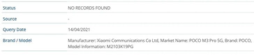 The Xiaomi M2103K19PG is allegedly detected as the M3 Pro 5G on an IMEI website. (Source: MySmartPrice)