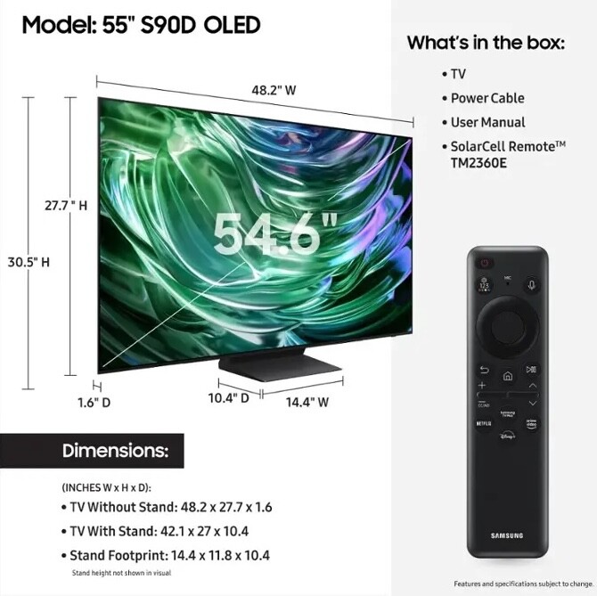 The S90D OLED has very slim bezels and is about 48 inches wide (Image source: Samsung)