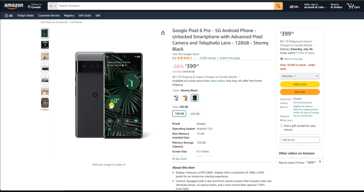 Only the 'Stormy Black' variant of Google Pixel 6 Pro with 128GB storage is on sale (Source: Amazon)