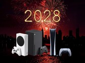 Xbox and PS5 consoles shown in 2028 backdrop
