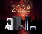 Xbox and PS5 consoles shown in 2028 backdrop