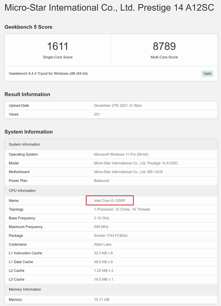 Intel Core i5-1250P. (Image source: Geekbench)