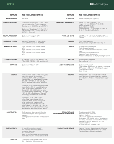 Dell XPS 13 9345: Specifications