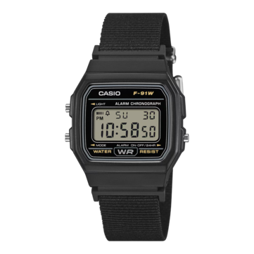 Casio F-91WF-1A digital watch with a black case and black woven fabric strap.