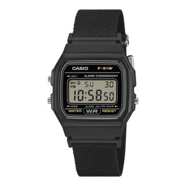 Casio F-91WF-1A with a black cloth band.