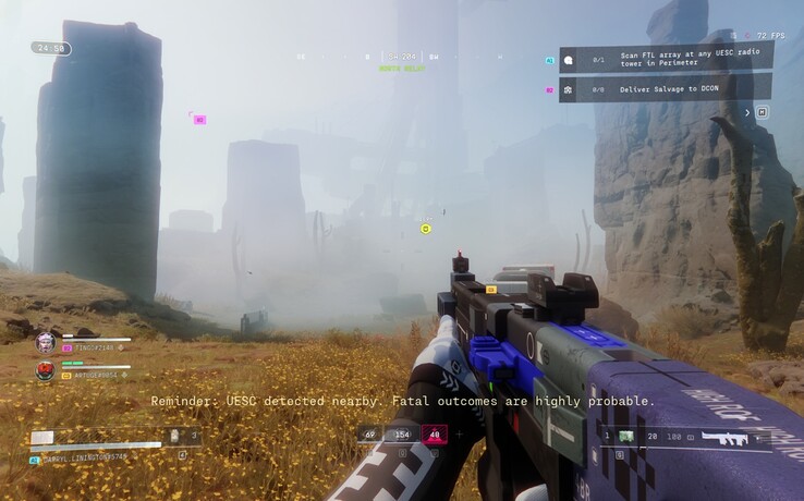 Fog blankets a rocky stretch of Perimeter as Marathon’s HUD tracks faction objectives and nearby UESC threats during a live run.