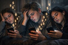 Teens doomscrolling social media while social media providers profit.