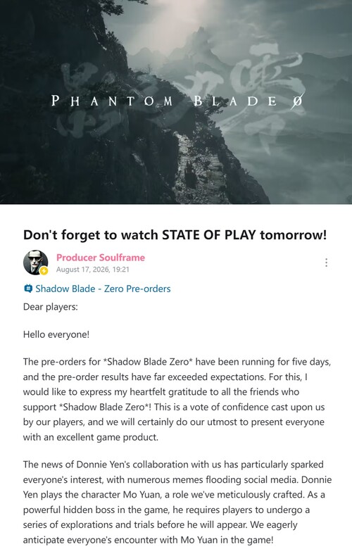 Liang Qiwei of S-Game update on Phantom Blade Zero pre-orders