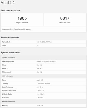 Representative M2 MacBook Air entry. (Image source: Geekbench)