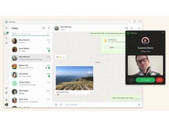 A promotional image for WhatsApp on Windows 11 showing off the chat user interface against a beige colored background. (Image Source: Microsoft Store)