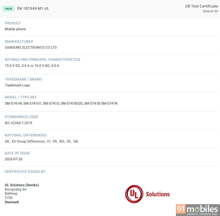 A regulatory certification for the upcoming Galaxy S26 FE appeared on Denmark's UL Demko.