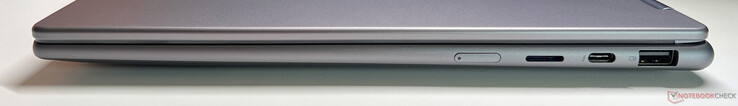Right: power button, microSD card reader, USB-C 4.0 with Thunderbolt 4 (40 Gbit/s, DisplayPort 2.1, Power Delivery 3.0), USB-A 3.2 Gen 1 (5 Gbit/s, powered)