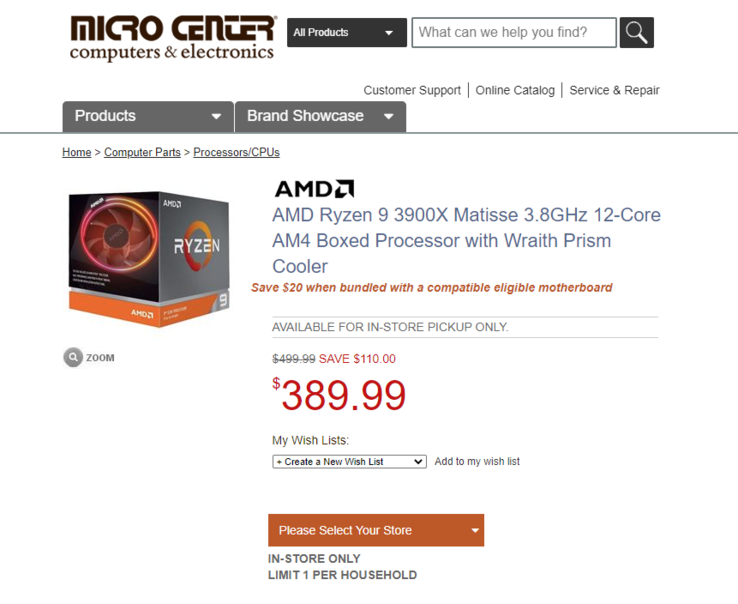 The AMD Ryzen 9 3900X can now be had for just US$390. (Source: Micro Center)