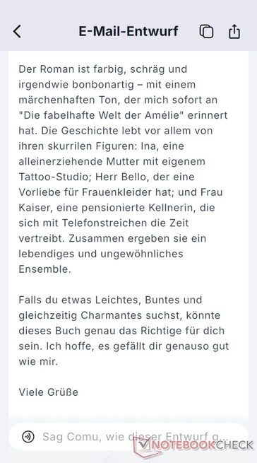 An email generated from a book review was well-written. Not shown here is the first paragraph, which contains all the details about the book, such as the author, title, price, and publisher.