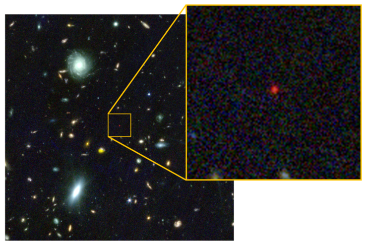 The “black hole star” appears as a tiny red dot in this James Webb Space Telescope image.