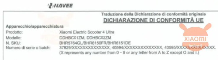 A Declaration of Conformity for the Xiaomi Electric Scooter 4 Ultra in Italy. (Image source: XiaomiToday.it)