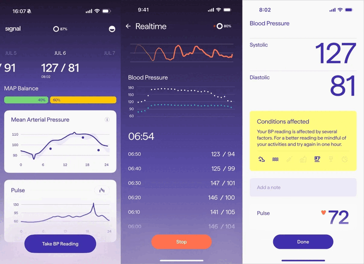 The Signal Ring app displays blood pressure readings that are continuously collected in the background.