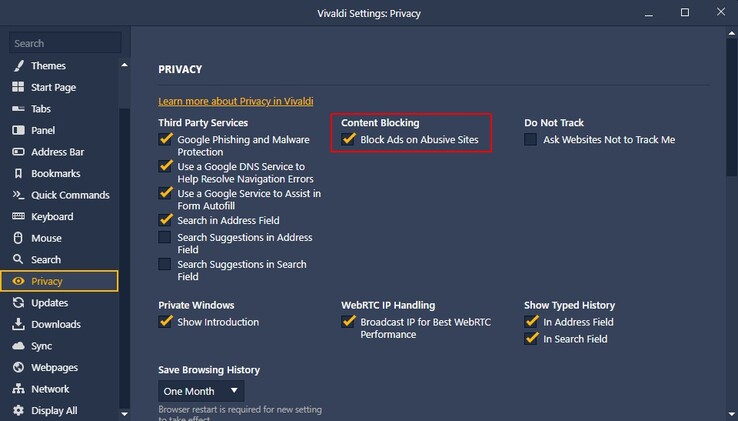 Native content blocking setting in Vivaldi 2.6 (Source: Own)