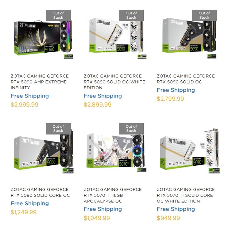 RTX 50 series GPUs on ZOTAC's website. (Image Source: ZOTAC)