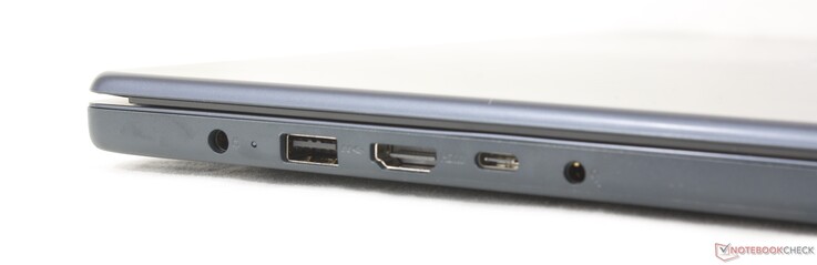 Left: AC adapter, USB-A (5 Gbps), HDMI 1.4, USB-C (5 Gbps) w/ Power Delivery 3.0 + DisplayPort 1.2, 3.5 mm headset