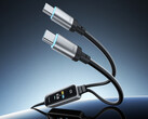 The 2-in-1 fast charging cable can offer up to 140W of power. Pictured: a promo picture showing the two USB-C out ports.