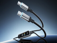 The 2-in-1 fast charging cable can offer up to 140W of power. Pictured: a promo picture showing the two USB-C out ports.