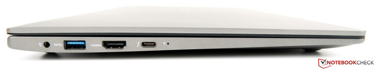 Left side: Power socket, one USB 2.0 port, HDMI output, one USB 3.1 Gen1 Type-C port (DisplayPort over USB-C)