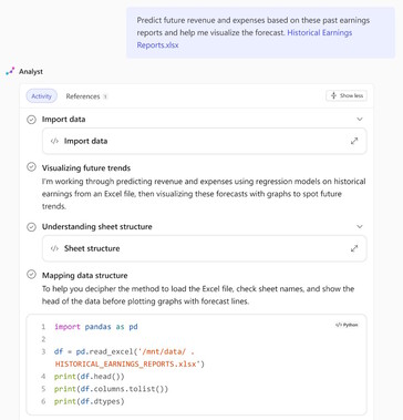 The Analyst agent uses OpenAI o3-mini and Python programming capabilities to analyze corporate data like a data analyst. (Image source: Microsoft)