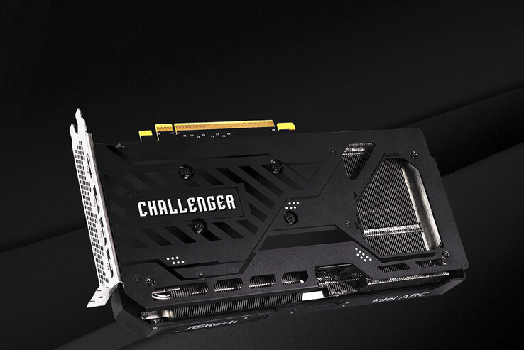 Rear view of the ASRock Intel Arc B580 Challenger 12GB OC graphics card showing its metal backplate.