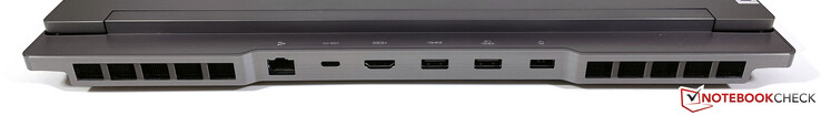 Rear: 2.5-Gbps Ethernet, USB-C 3.2 Gen.2 (10 GBit/s, DisplayPort-ALT mode 1.4, Power Delivery up to 135 watts), HDMI 2.1, 2x USB-A 3.2 Gen.1 (5 GBit/s, 1x Powered), power supply (slim tip)