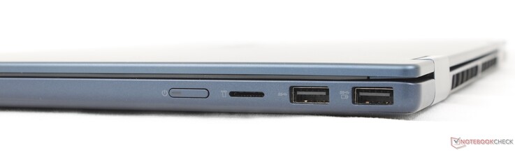 Right: Power button, MicroSD reader, 2x USB-A (5 Gbps)