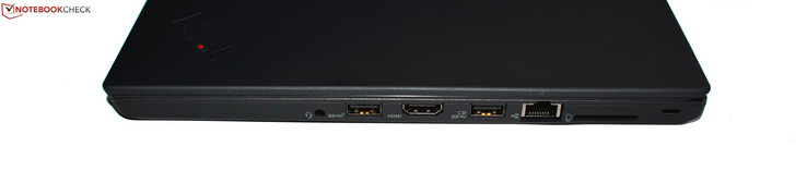 Right: audio combo, USB 3.1 Gen2 Type-A, HDMI, USB 3.0 Type-A, RJ45 Ethernet, SD card reader, Kensington lock