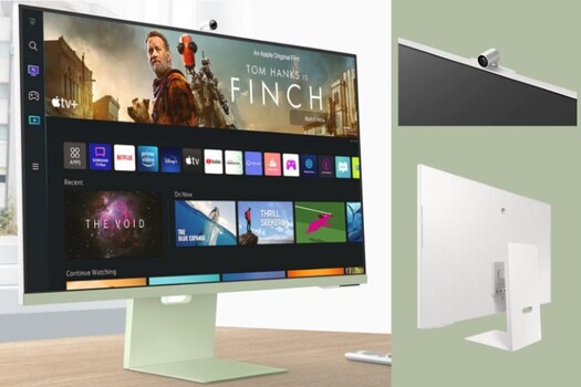 Samsung hilariously marketed the M8 with Apple TV+ on the display, a not-so-subtle reminder that the M8 is more feature-rich than the Studio Display. (Image source: Samsung - edited)