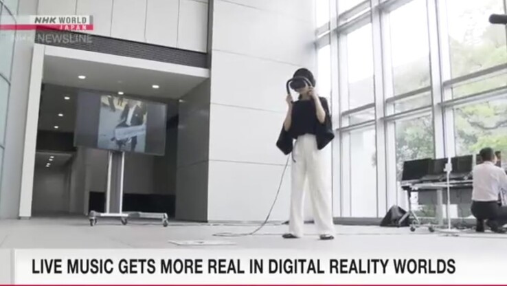 The Canon mixed-reality headset for musical performances projects videos from up to 50 cameras into a lightweight, tethered MR headset. (Source: NHK World News)