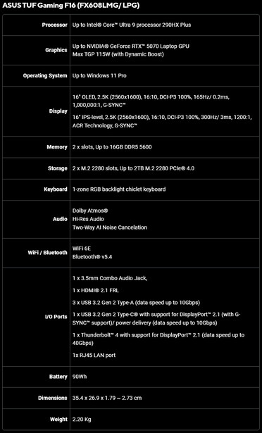 Asus TUF Gaming F16 (FX608LMG/ LPG) specs