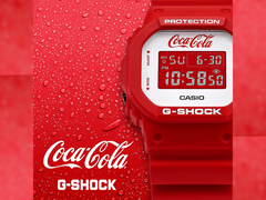 The older Casio G-Shock x Coca Cola collab - the DW5600CC23‑4, pictured alongside the Coca-Cola and G-Shock logos against a red background. (Image source: Casio - edited) 