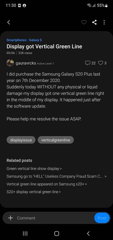Users complaining about Galaxy S20 Plus display issues on Samsung Members (image via own)