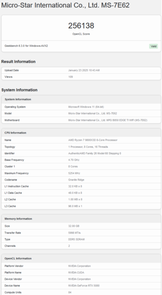 GeForce RTX 5080 OpenCL (image source: Geekbench)