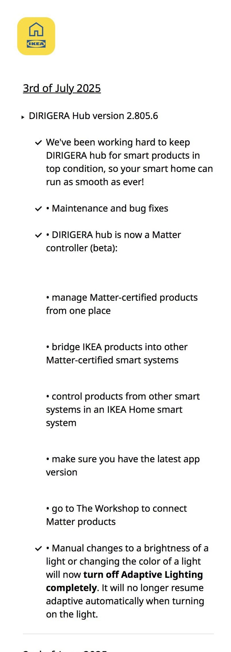 The release notes for IKEA Dirigera Hub software version 2.805.6. (Image source: IKEA via Reddit)