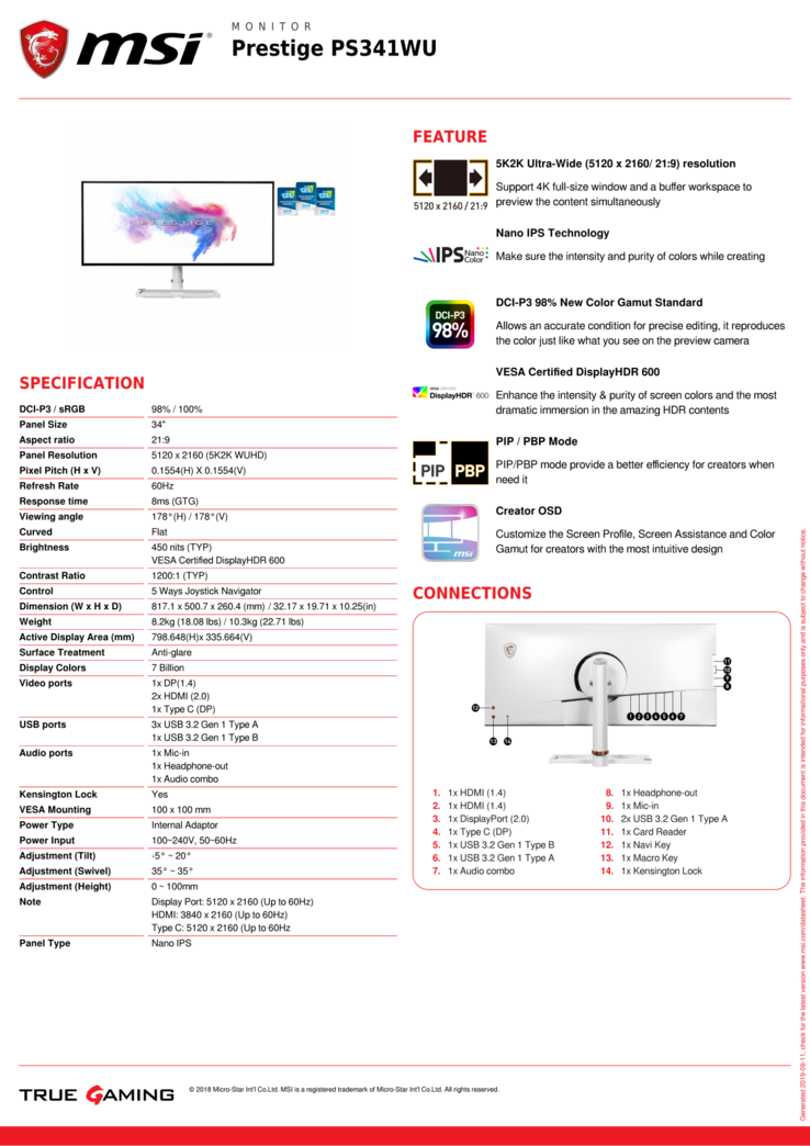 MSI Prestige PS341WU specifications (Source: MSI)