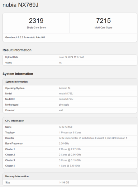 Redmagic 9S Pro Geekbench listing (image via Geekbench)